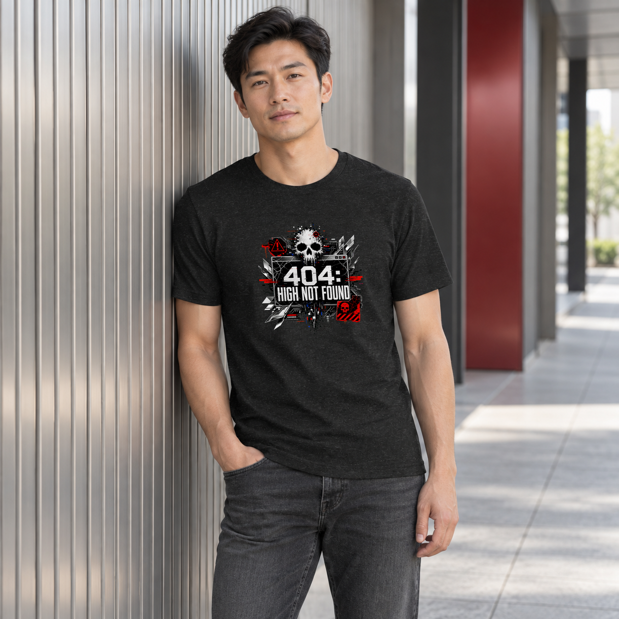 AI fashion mockup of a model beside a ribbed metal wall wearing the black 404 High Not Found graphic T-shirt from Recovery Merch.