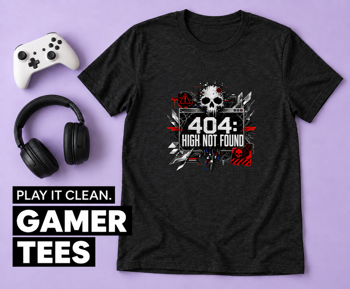 PLAY IT CLEAN. GAMER TEES. AI flat-lay mockup of the black 404 High Not Found T-shirt from Recovery Merch; controller and headphones are styling props, not included.