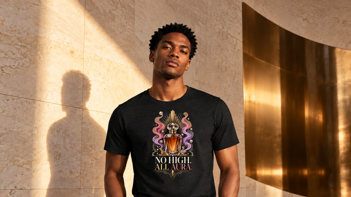 Model wearing the No High All Aura Recovery Merch T-shirt against an ivory stone wall and bronze gallery panel