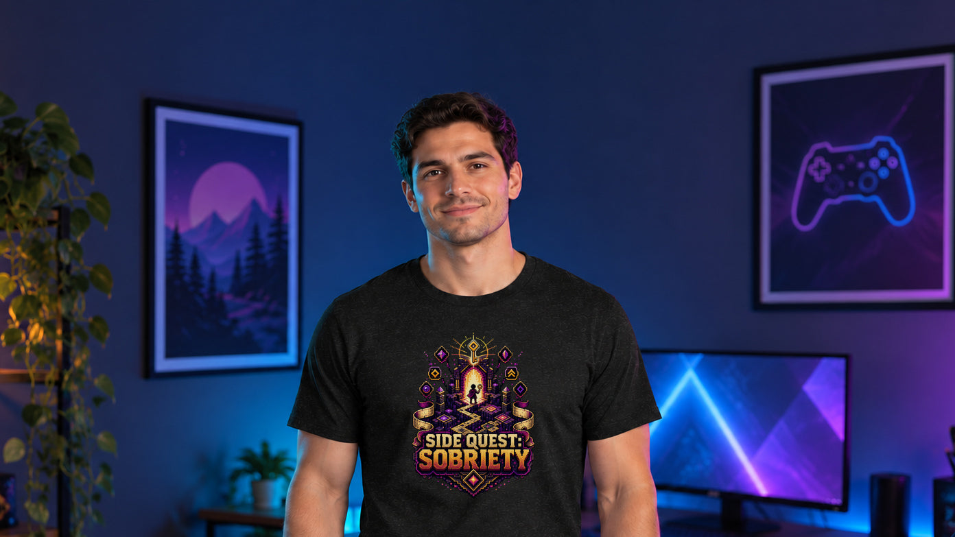 Model wearing the Side Quest: Sobriety Recovery Merch T-shirt in a blue and violet gaming room