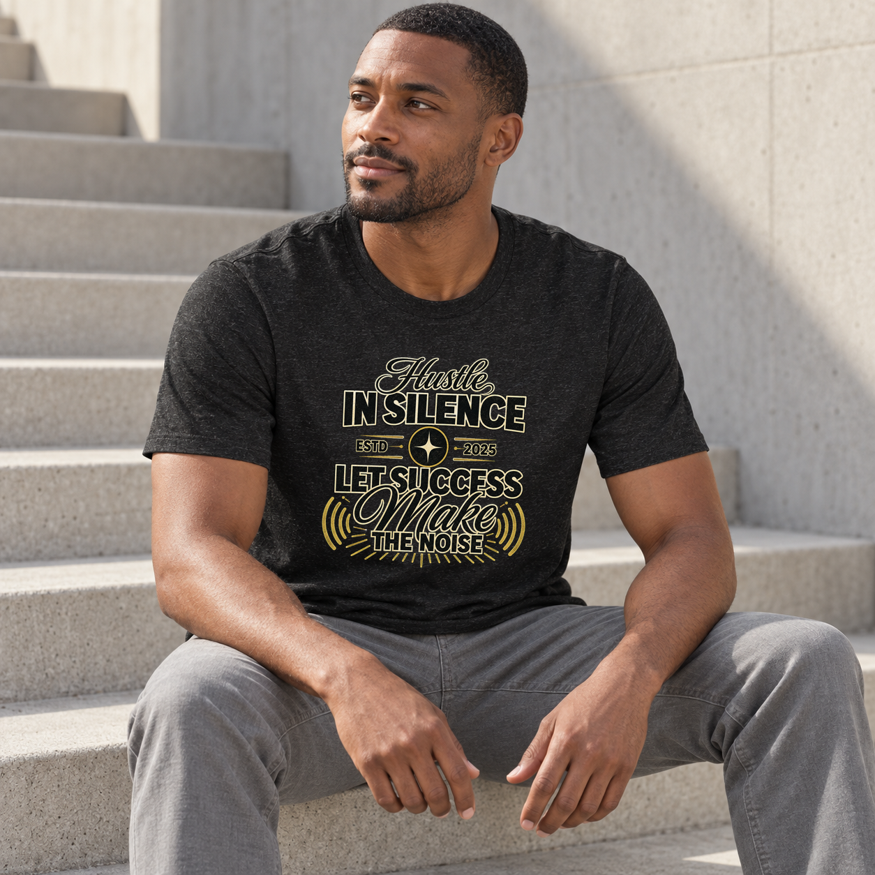 AI fashion mockup of a model seated on concrete steps wearing the black Hustle In Silence graphic T-shirt from Recovery Merch.