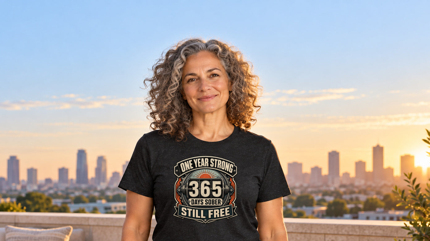 Model wearing the 365 Days Sober Still Free Recovery Merch T-shirt on a sunlit rooftop terrace