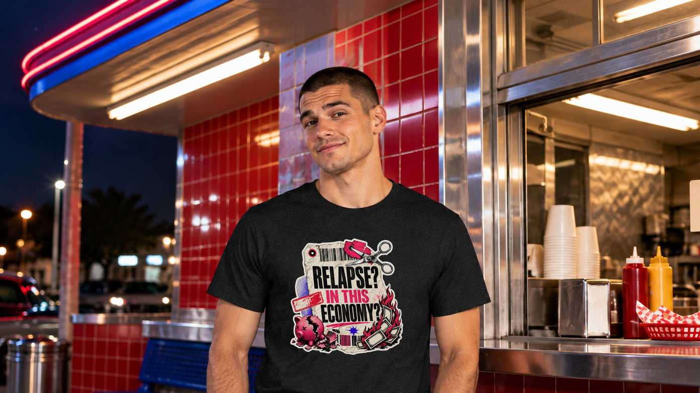 Adult model with a wry smile wearing the Relapse? In This Economy? Recovery Merch T-shirt at a red-tile diner window