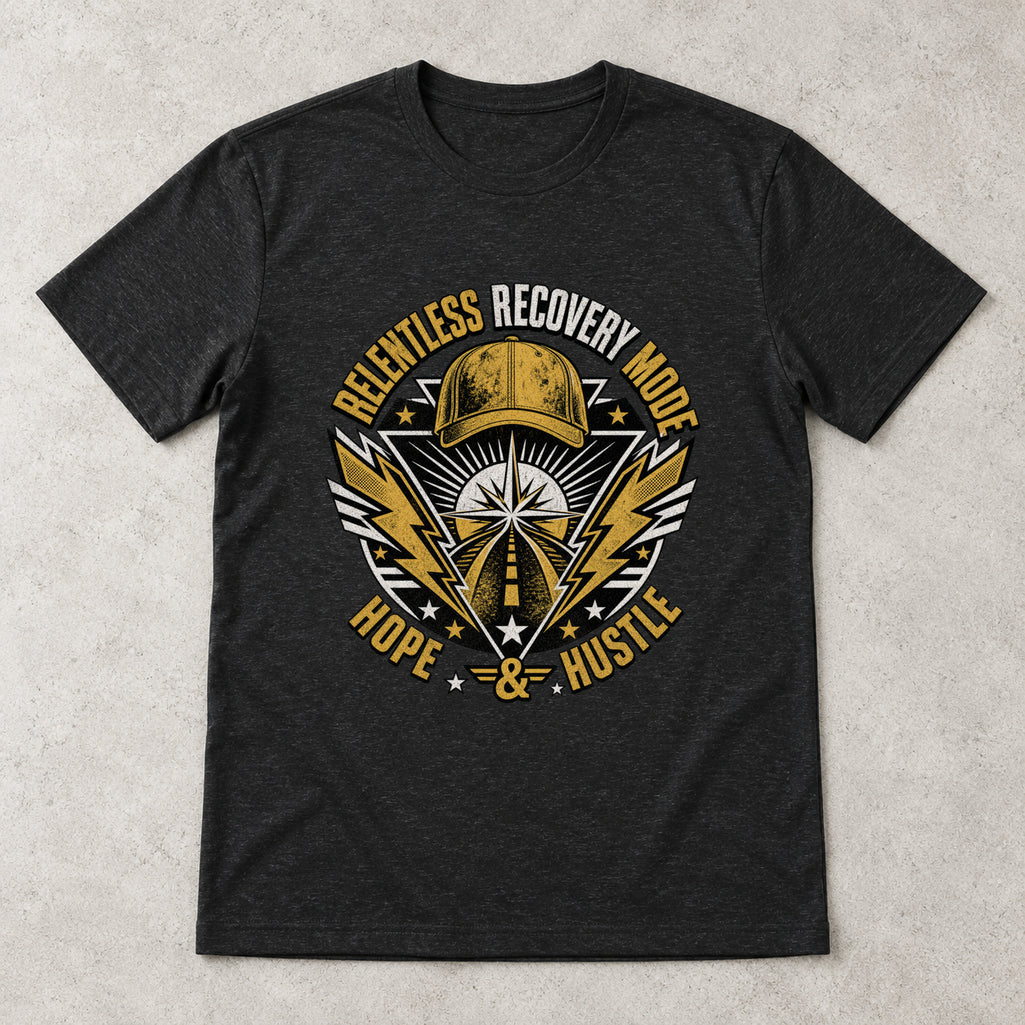 AI flat-lay mockup of the black Relentless Recovery Mode graphic T-shirt from Recovery Merch.