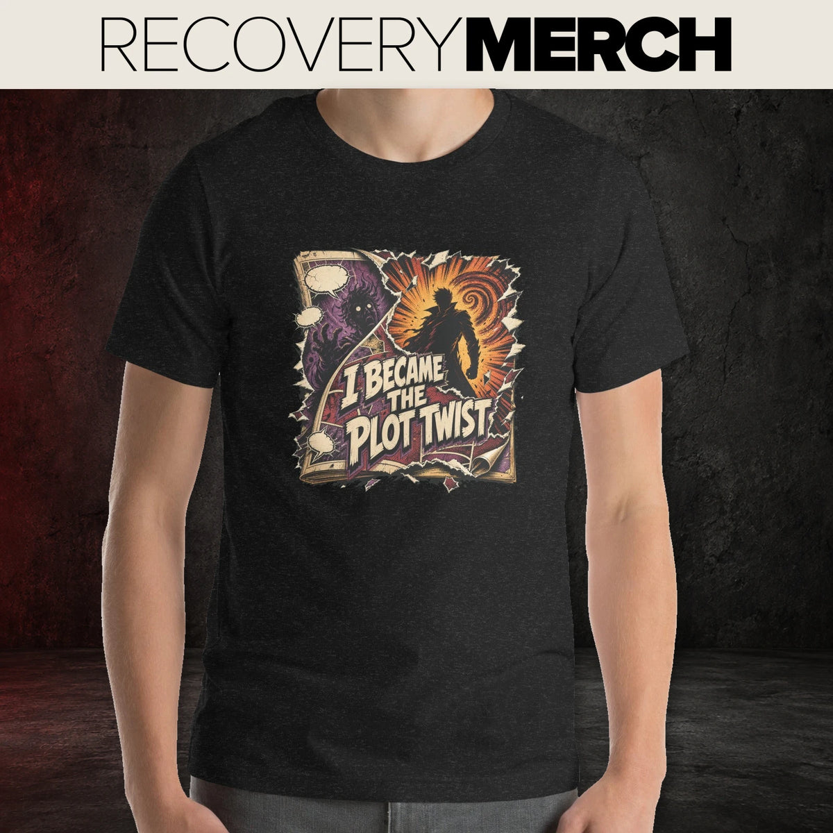 Recovery Merch I Became the Plot Twist T-shirt on a charcoal and red background with the official Recovery Merch logo