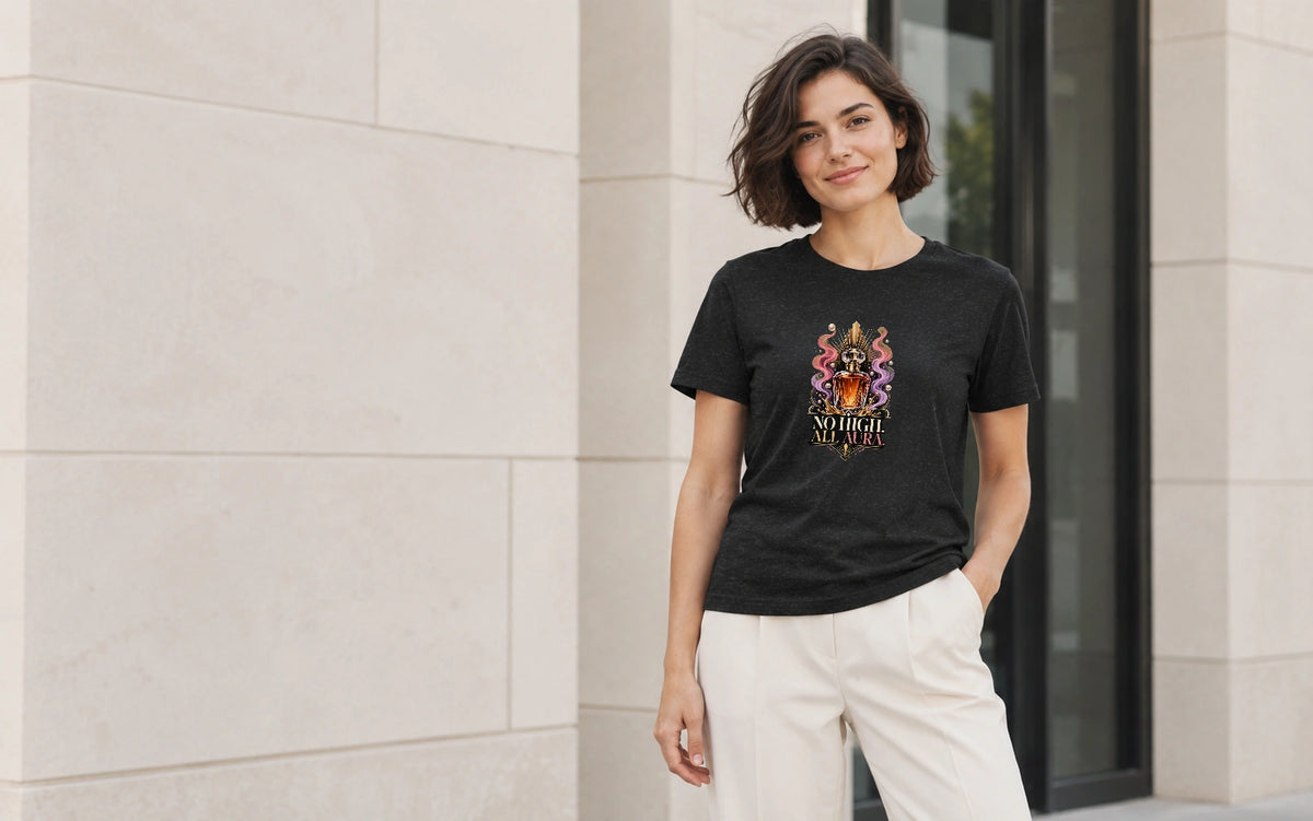 AI fashion mockup of a woman wearing the black No High All Aura T-shirt by Recovery Merch beside a pale stone wall.