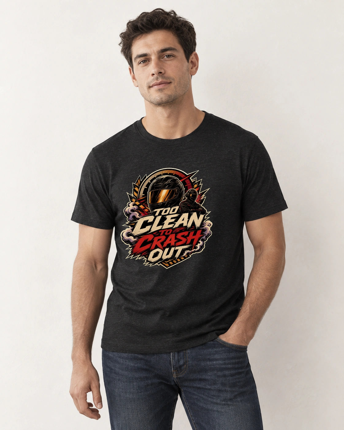 AI fashion mockup of a man wearing the black Too Clean To Crash Out graphic T-shirt by Recovery Merch in a neutral studio.