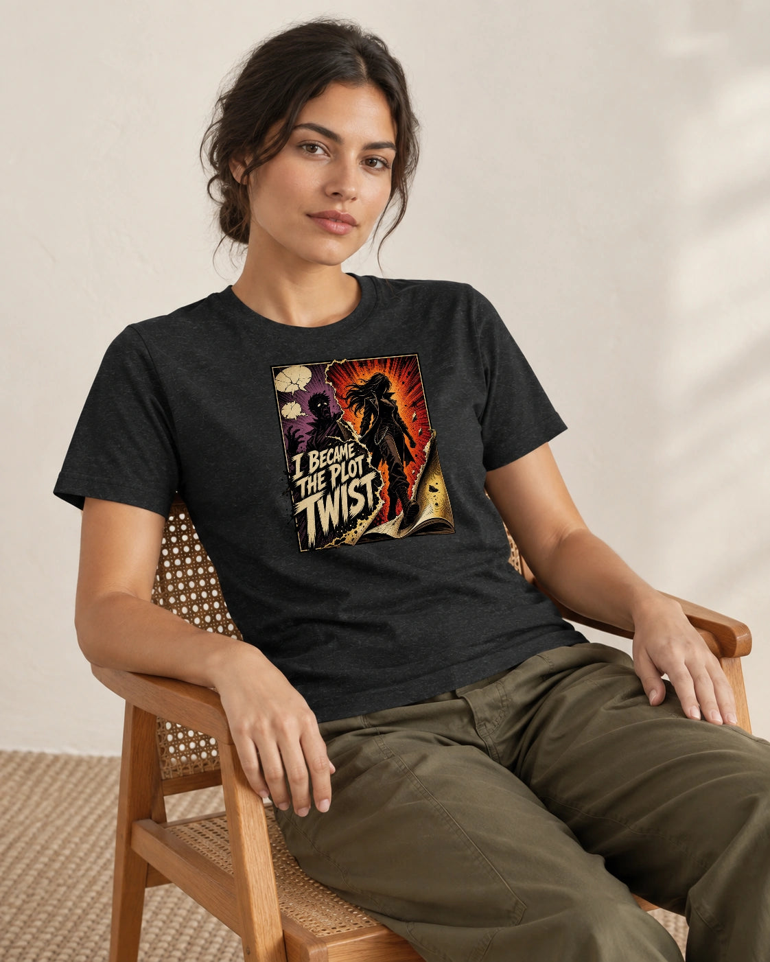 AI fashion mockup of a seated woman wearing the black I Became the Plot Twist graphic T-shirt by Recovery Merch.