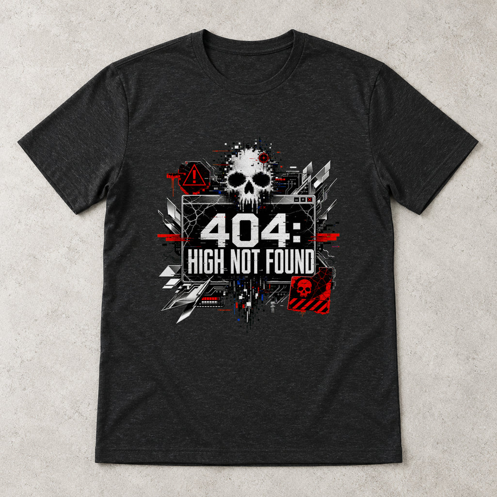 AI flat-lay mockup of the black 404 High Not Found graphic T-shirt from Recovery Merch.