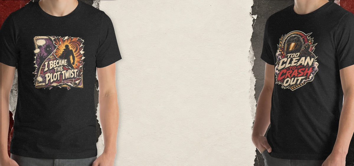 Recovery Merch black T-shirts featuring I Became the Plot Twist and Too Clean to Crash Out graphics against a charcoal and red paper backdrop.