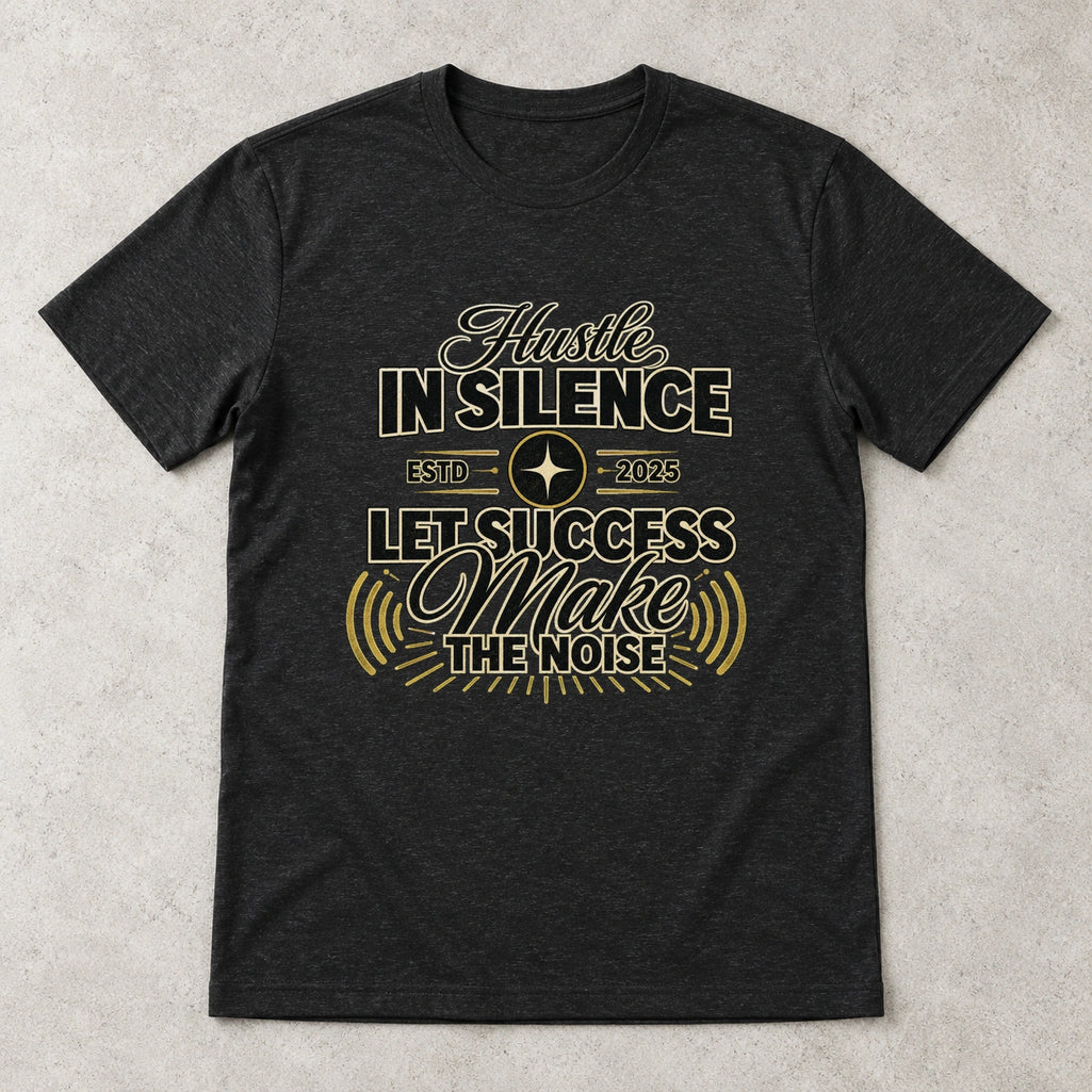 AI flat-lay mockup of the black Hustle In Silence graphic T-shirt from Recovery Merch.