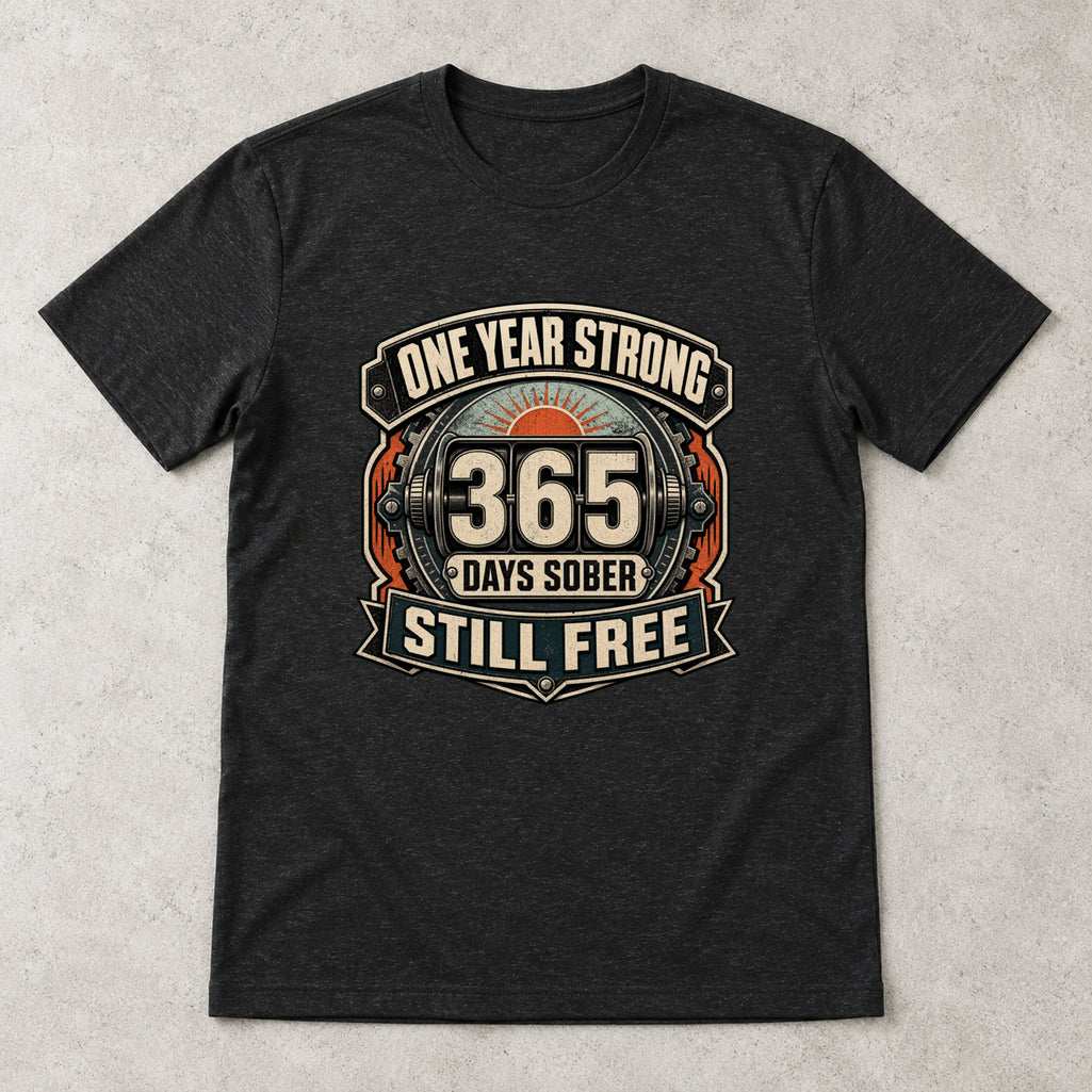 AI flat-lay mockup of the black 365 Days Sober Still Free graphic T-shirt from Recovery Merch.