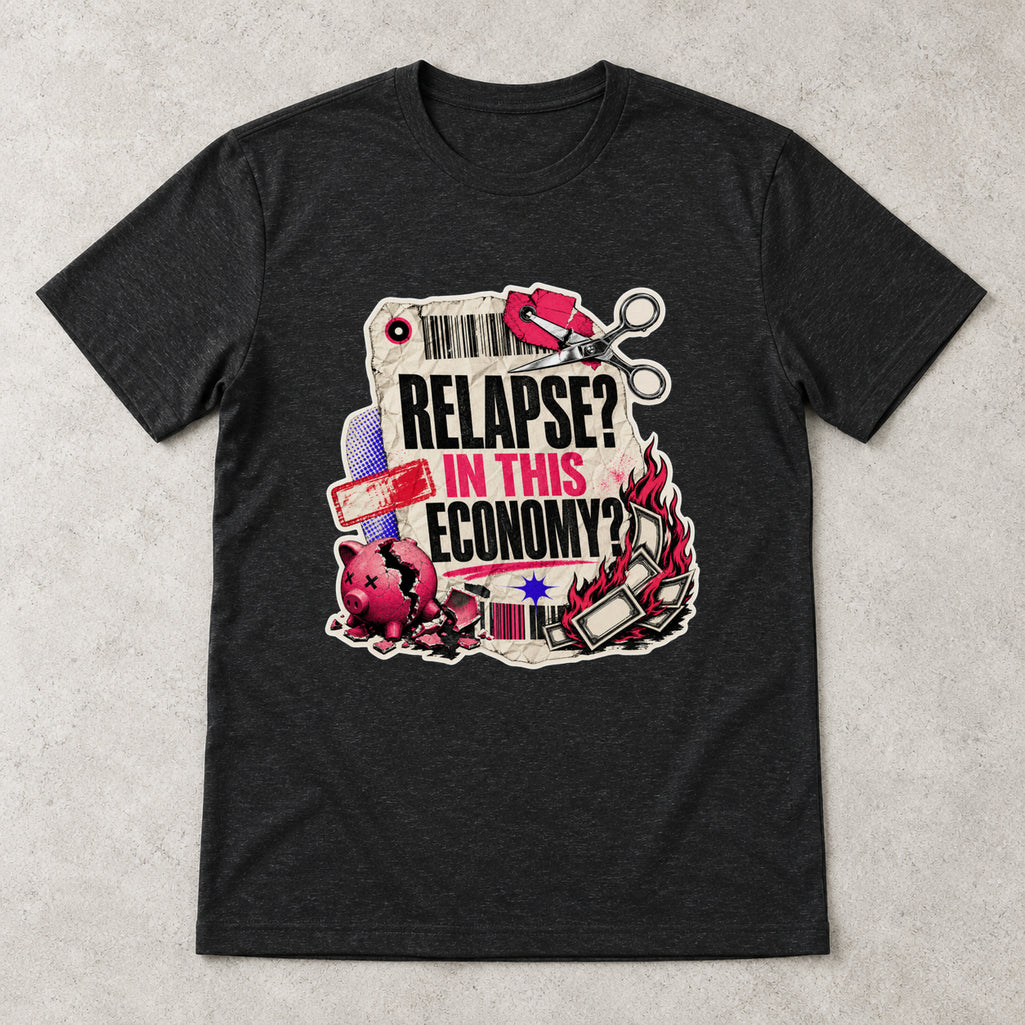 AI flat-lay mockup of the black Relapse In This Economy graphic T-shirt from Recovery Merch.