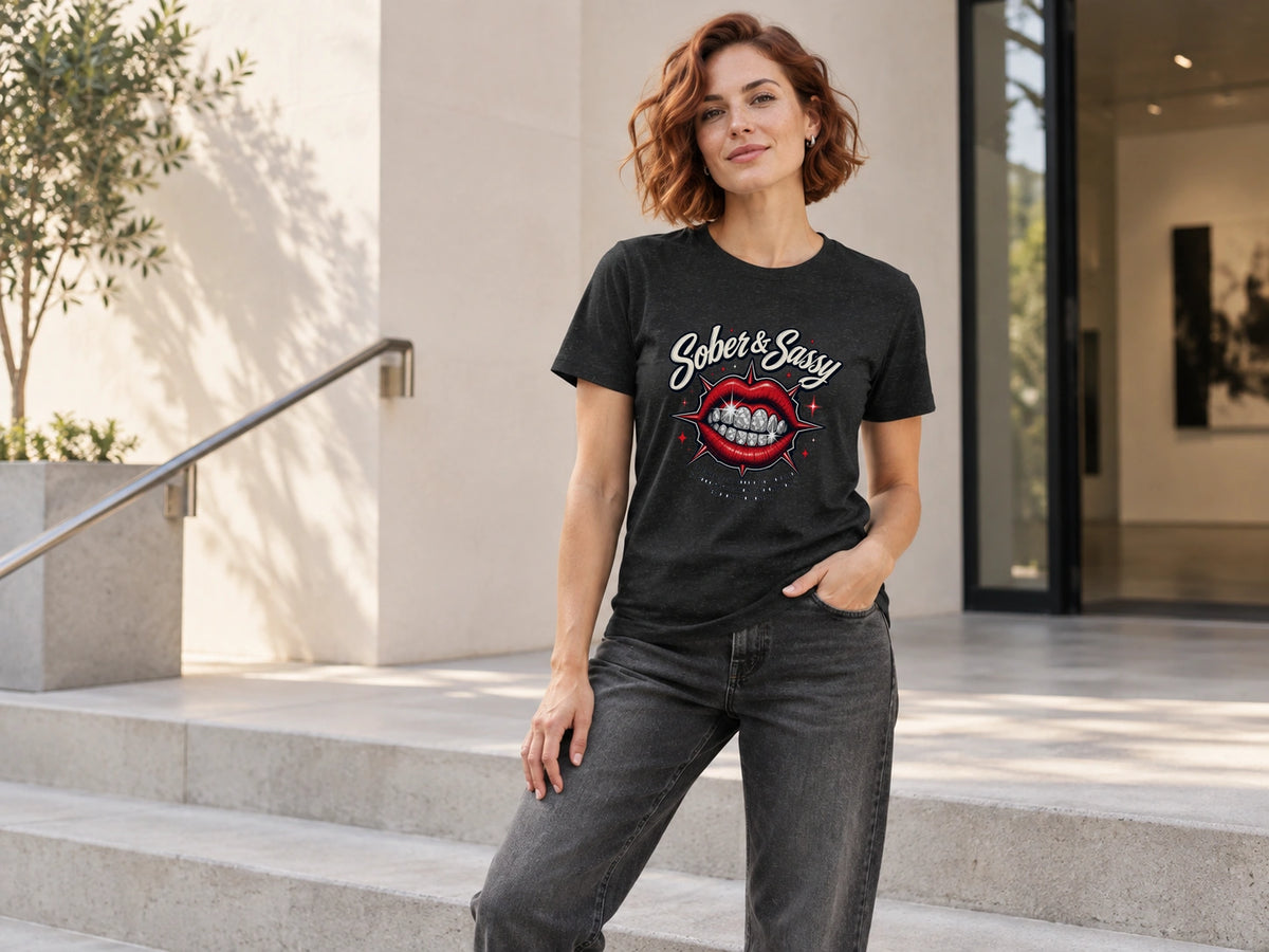 AI fashion mockup of a woman wearing the black Sober & Sassy graphic T-shirt by Recovery Merch beside pale concrete steps.