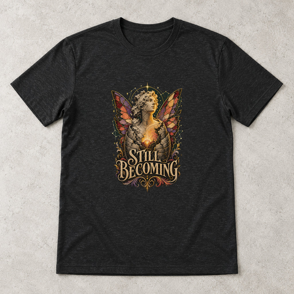AI flat-lay mockup of the black Still Becoming graphic T-shirt from Recovery Merch.