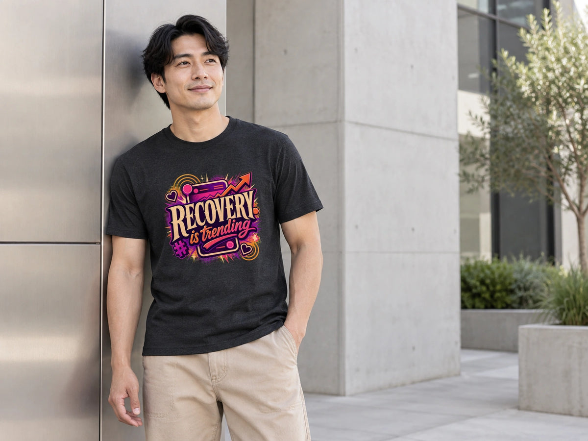 AI fashion mockup of a man wearing the black Recovery Is Trending graphic T-shirt by Recovery Merch in a concrete and brushed-metal courtyard.