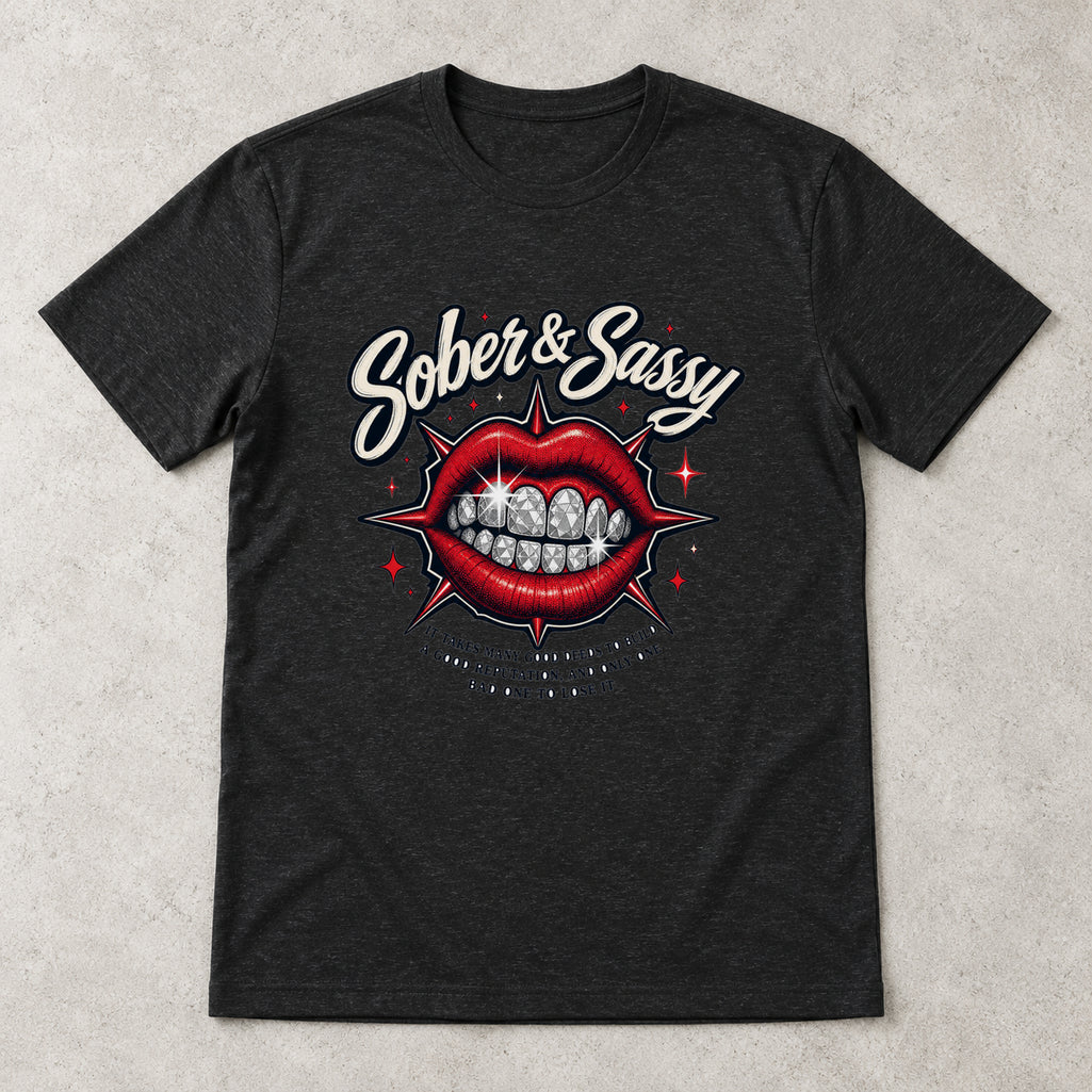AI flat-lay mockup of the black Sober & Sassy graphic T-shirt from Recovery Merch.