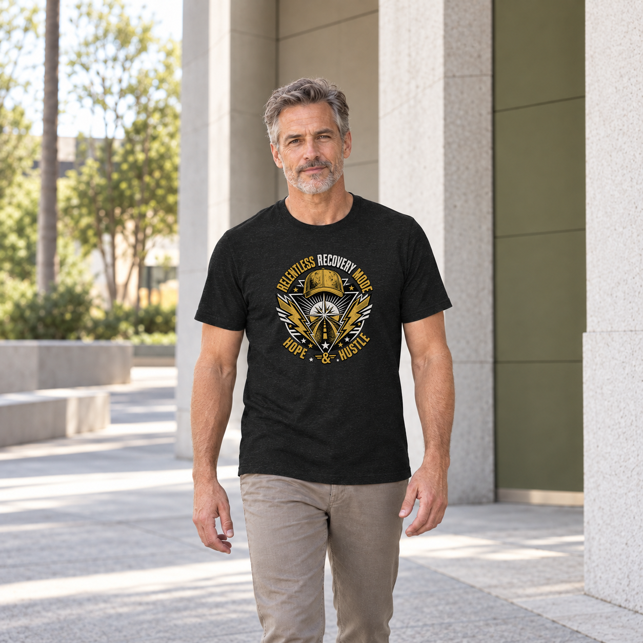 AI fashion mockup of a mature model in a sunlit architectural walkway wearing the black Relentless Recovery Mode graphic T-shirt from Recovery Merch.