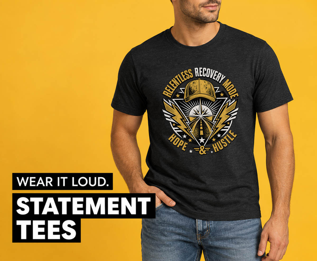 WEAR IT LOUD. STATEMENT TEES. AI fashion mockup of a model wearing the black Relentless Recovery Mode T-shirt from Recovery Merch.