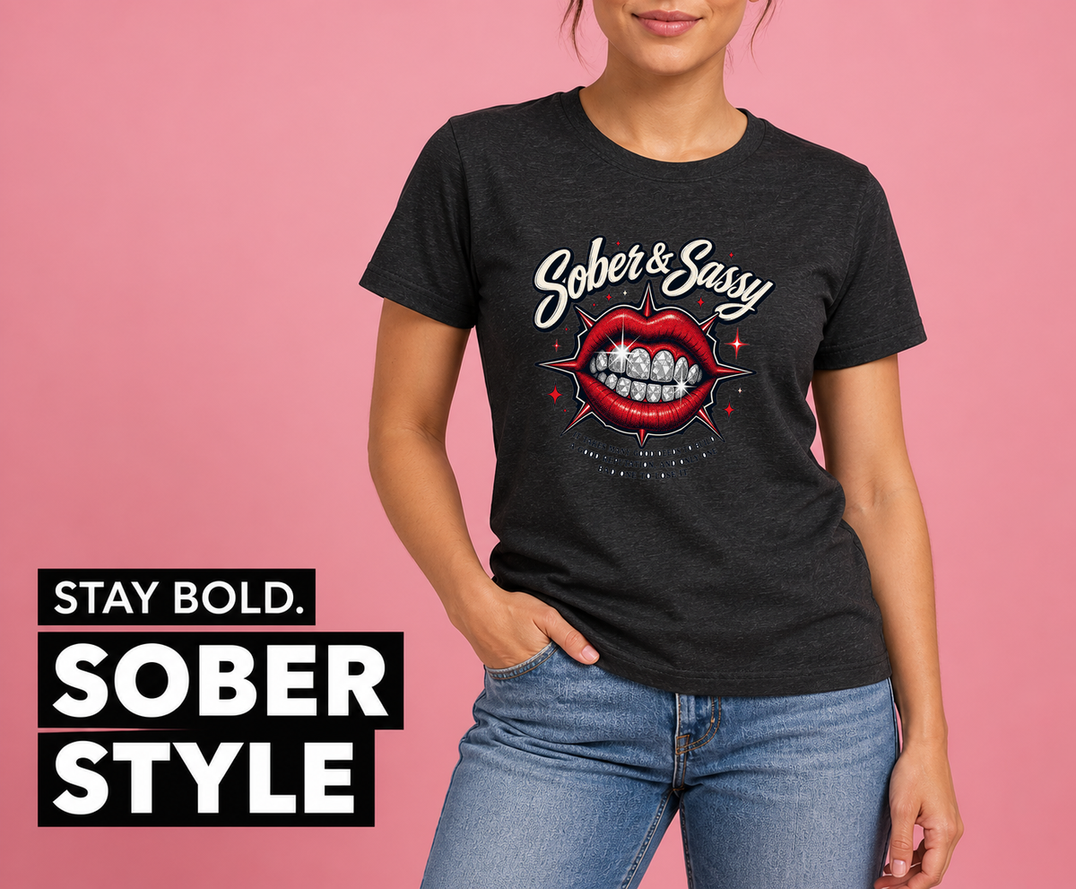 STAY BOLD. SOBER STYLE. AI fashion mockup of a model wearing the black Sober & Sassy T-shirt from Recovery Merch.