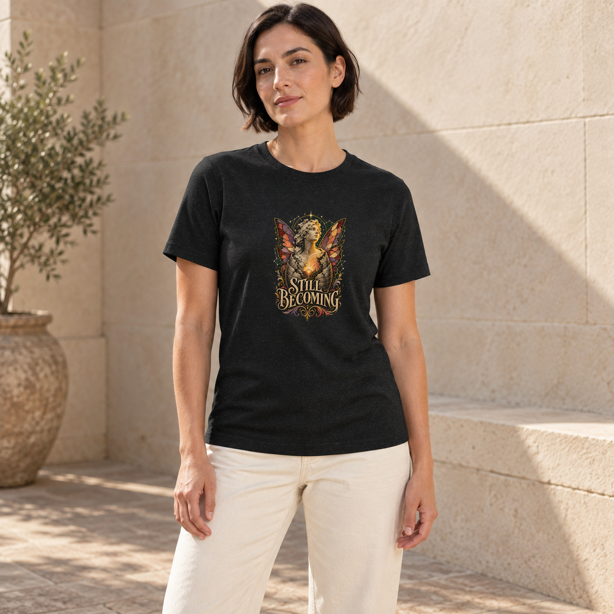 AI fashion mockup of a model in a warm limestone courtyard wearing the black Still Becoming graphic T-shirt from Recovery Merch.