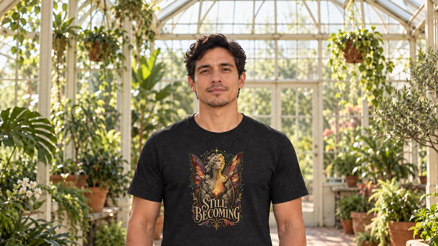 Model wearing the Still Becoming Recovery Merch T-shirt in a sunlit greenhouse with plants
