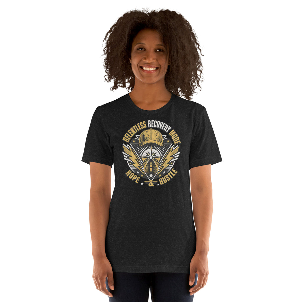 Woman wearing the Black Heather Relentless Recovery Mode T-shirt with the existing artwork.