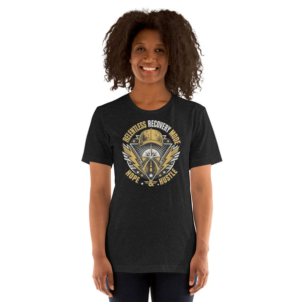 Woman wearing the Black Heather Relentless Recovery Mode T-shirt with the existing artwork.