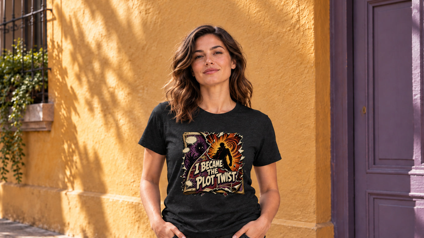 Woman modeling the I Became The Plot Twist Recovery Merch T-shirt by an ochre wall and violet doorway